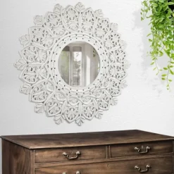 Decorative Mirrors-Kirkland's Home White Handcarved Mandala Circle Wall Mirror