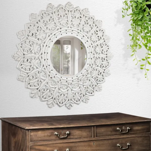 Decorative Mirrors-Kirkland's Home White Handcarved Mandala Circle Wall Mirror