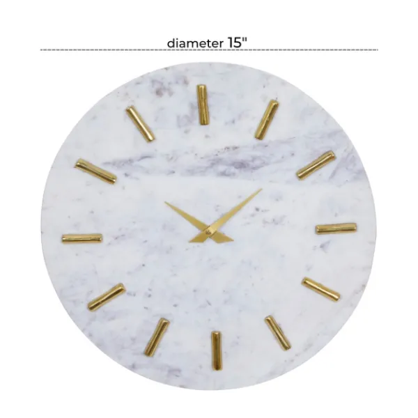 Clocks-Kirkland's Home White Marble And Gold Accent Wall Clock, 15 In.