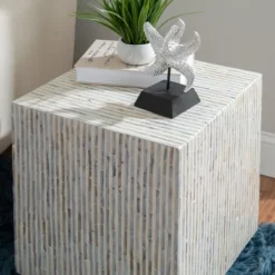 Accent & End Tables-Kirkland's Home White Mother Of Pearl Striped Side Table White/Ivory