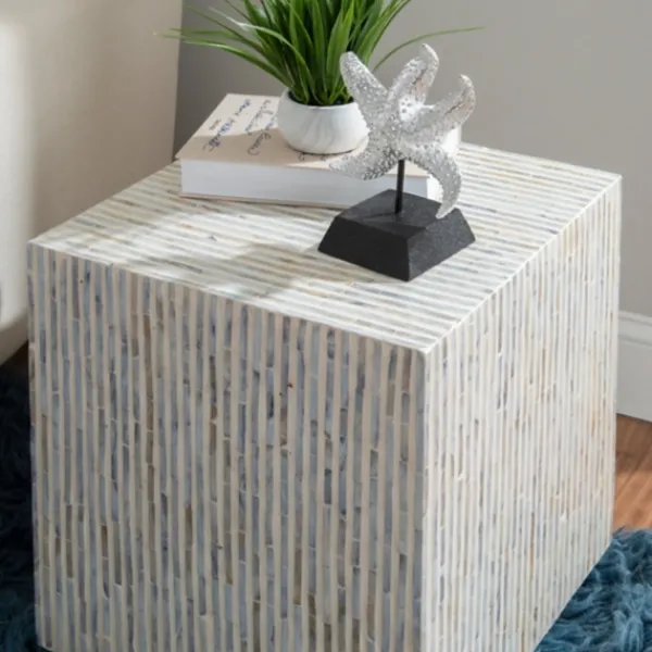 Accent & End Tables-Kirkland's Home White Mother Of Pearl Striped Side Table White/Ivory