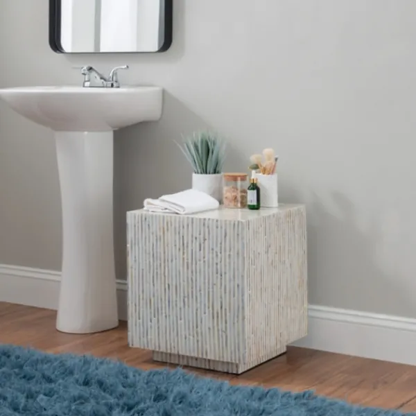 Accent & End Tables-Kirkland's Home White Mother Of Pearl Striped Side Table White/Ivory