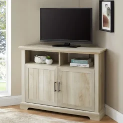 Tv Stands & Media Consoles-Kirkland's Home White Oak Grooved Door Corner Tv Stand Ivory