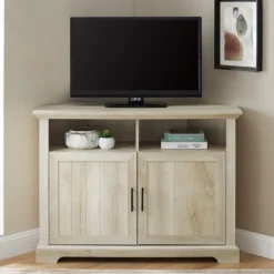 Tv Stands & Media Consoles-Kirkland's Home White Oak Grooved Door Corner Tv Stand Ivory