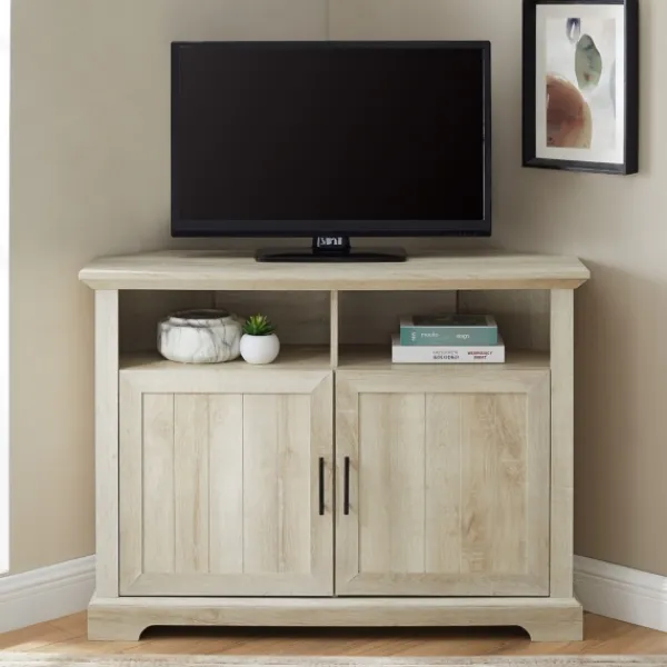 Tv Stands & Media Consoles-Kirkland's Home White Oak Grooved Door Corner Tv Stand Ivory