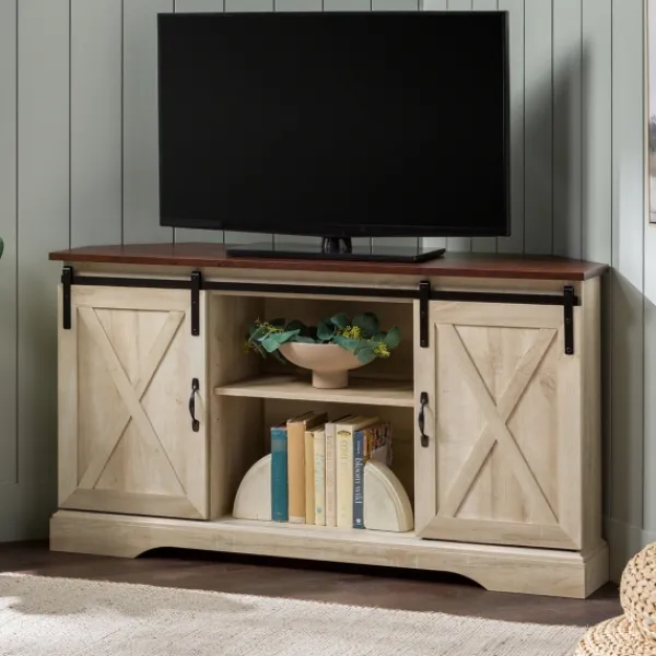 Tv Stands & Media Consoles-Kirkland's Home White Oak Sliding Barn Doors Corner Tv Stand Ivory