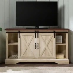 Tv Stands & Media Consoles-Kirkland's Home White Oak Sliding Barn Doors Corner Tv Stand Ivory