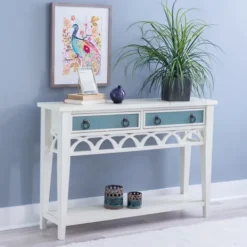 Console Tables-Kirkland's Home White Or Teal Paneled Fretwork Console Table White/Blue