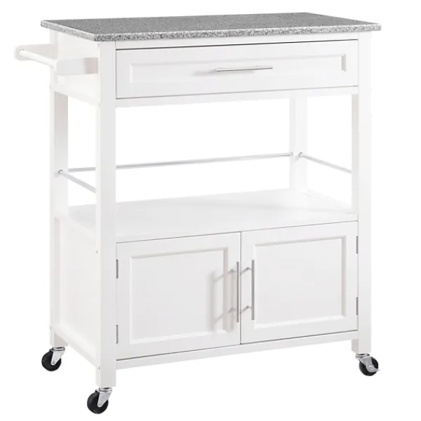 Kitchen Islands & Bar Carts-Kirkland's Home White Parker Granite Top Rolling Kitchen Cart
