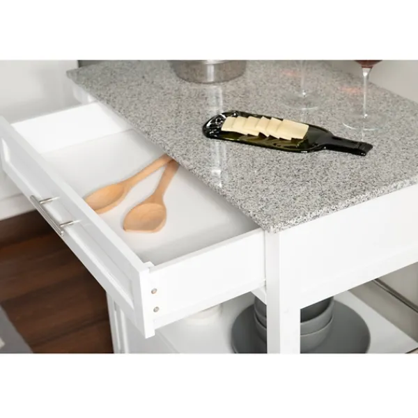 Kitchen Islands & Bar Carts-Kirkland's Home White Parker Granite Top Rolling Kitchen Cart