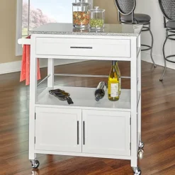 Kitchen Islands & Bar Carts-Kirkland's Home White Parker Granite Top Rolling Kitchen Cart
