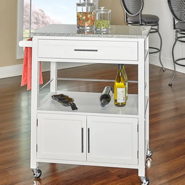 Kitchen Islands & Bar Carts-Kirkland's Home White Parker Granite Top Rolling Kitchen Cart