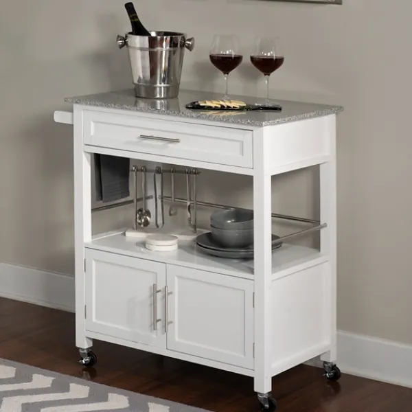 Kitchen Islands & Bar Carts-Kirkland's Home White Parker Granite Top Rolling Kitchen Cart