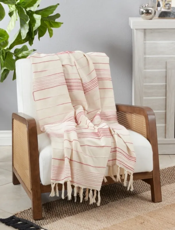 Blankets & Throws-Kirkland's Home White Pink Striped Fringe Throw Blanket White/Pink