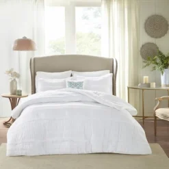 Comforters-Kirkland's Home White Quilted California King 5-Pc. Comforter Set White/Blue
