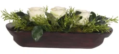 Arrangements & Greenery-Kirkland's Home White Rose Arrangement In Wooden Dough Bowl White/Green/Brown