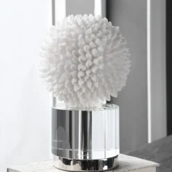 Statues & Figurines-Kirkland's Home White Sea Shell Sphere Crystal Base Statue White/Clear