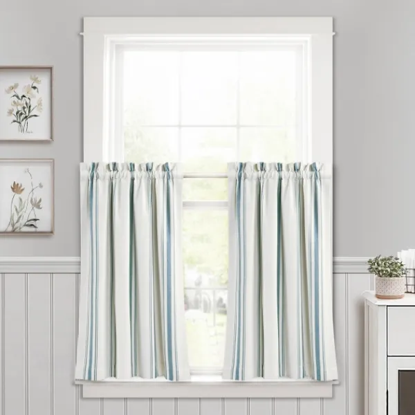 Curtains & Drapes-Kirkland's Home White Stripe Cafe Curtain Panel Set, 36 In. Blue