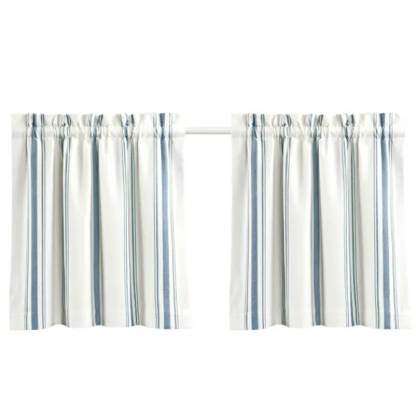 Curtains & Drapes-Kirkland's Home White Stripe Cafe Curtain Panel Set, 24 In. Blue