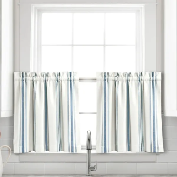 Curtains & Drapes-Kirkland's Home White Stripe Cafe Curtain Panel Set, 24 In. Blue