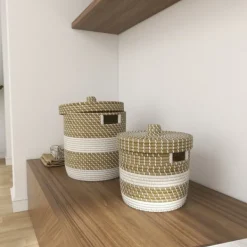 Baskets & Boxes-Kirkland's Home White Stripe Sea Grass 2-Pc. Storage Baskets Tan/White