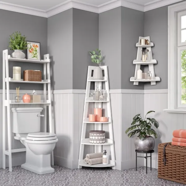 Bookshelves-Kirkland's Home White 5-Tier Corner Ladder Bookshelf