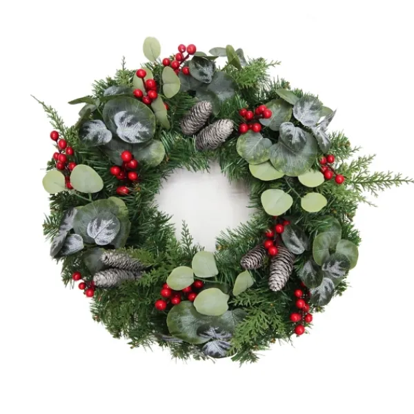 Wreaths-Kirkland's Home White Tip Pinecone And Eucalyptus Wreath Green/White/Red