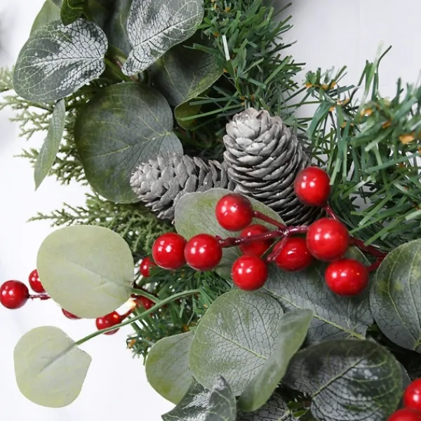 Wreaths-Kirkland's Home White Tip Pinecone And Eucalyptus Wreath Green/White/Red