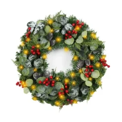Wreaths-Kirkland's Home White Tip Pinecone And Eucalyptus Pre-Lit Wreath Green/White/Red