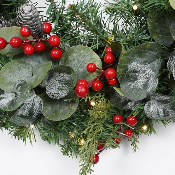 Wreaths-Kirkland's Home White Tip Pinecone And Eucalyptus Pre-Lit Wreath Green/White/Red