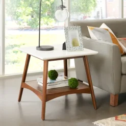 Accent & End Tables-Kirkland's Home White Top And Pecan Wood Mid-Century Modern Table Brown