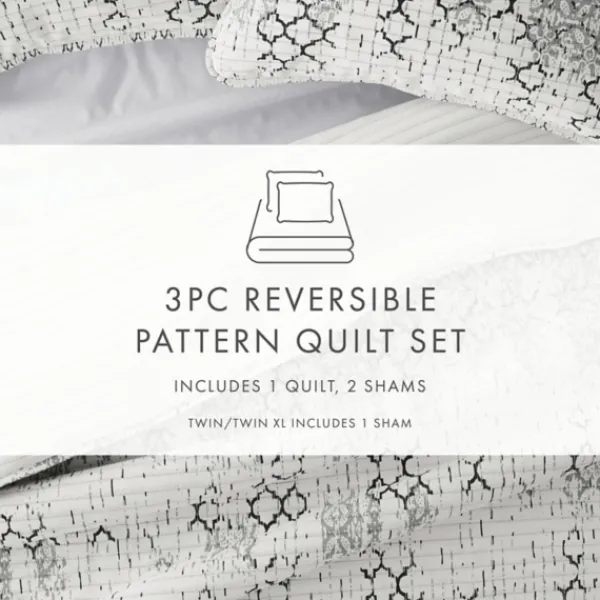 Quilts-Kirkland's Home White Trellis Reversible 3-Pc. King Quilt Set White/Gray