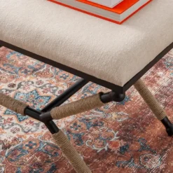 Dining Chairs-Kirkland's Home White Upholstered And Wrapped Rope Metal Bench White/Black/Tan