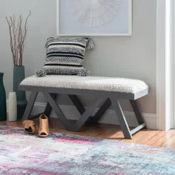 Benches & Ottomans-Kirkland's Home White Upholstered Seat And Blue Wood Bench Blue/White