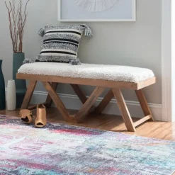 Benches & Ottomans-Kirkland's Home White Upholstered Seat And Tan Wood Bench Tan/White