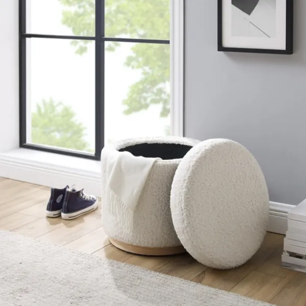 Benches & Ottomans-Kirkland's Home White Upholstered Wood Trim Ottoman White/Tan