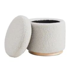 Benches & Ottomans-Kirkland's Home White Upholstered Wood Trim Ottoman White/Tan