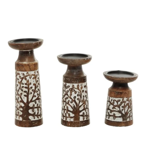 Candle Holders-Kirkland's Home White Washed Botanical Candle Holders, Set Of 3 White/Brown