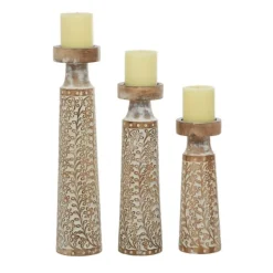 Candle Holders-Kirkland's Home White Washed Floral Wood Candle Holders, Set Of 3 White/Brown