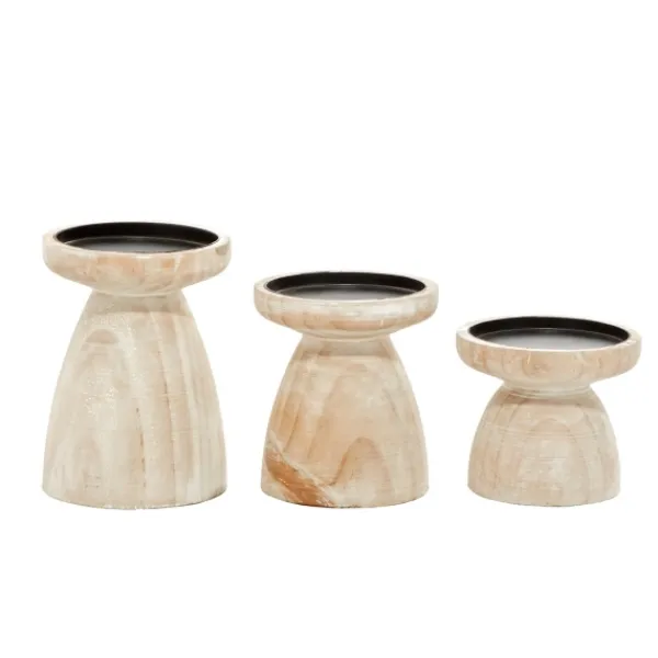 Candle Holders-Kirkland's Home White Washed Wood Cone Candle Holders, Set Of 3 White/Brown/Tan