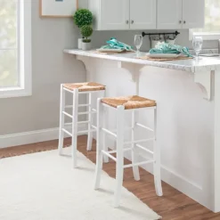 Bar Stools & Counter Height Stools-Kirkland's Home White Wood Seagrass Backless 2-Pc. Bar Stool Set Tan