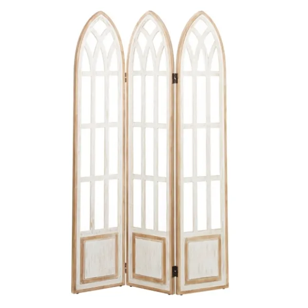 Decorative Accents-Kirkland's Home White Wood Windowpane 3-Panel Room Divider White/Tan