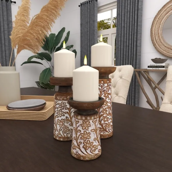 Candle Holders-Kirkland's Home Whitewash Floral Mango Candlesticks, Set Of 3 Ivory/Tan