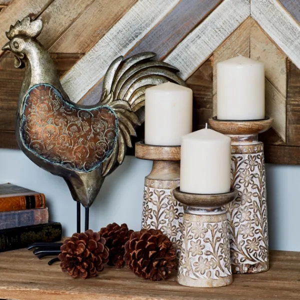 Candle Holders-Kirkland's Home Whitewash Floral Mango Candlesticks, Set Of 3 Ivory/Tan