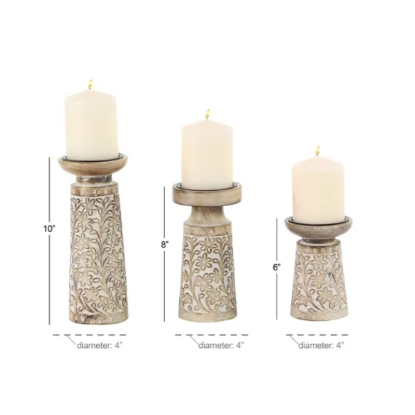 Candle Holders-Kirkland's Home Whitewash Floral Mango Candlesticks, Set Of 3 Ivory/Tan