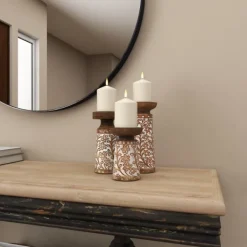 Candle Holders-Kirkland's Home Whitewash Floral Mango Candlesticks, Set Of 3 Ivory/Tan