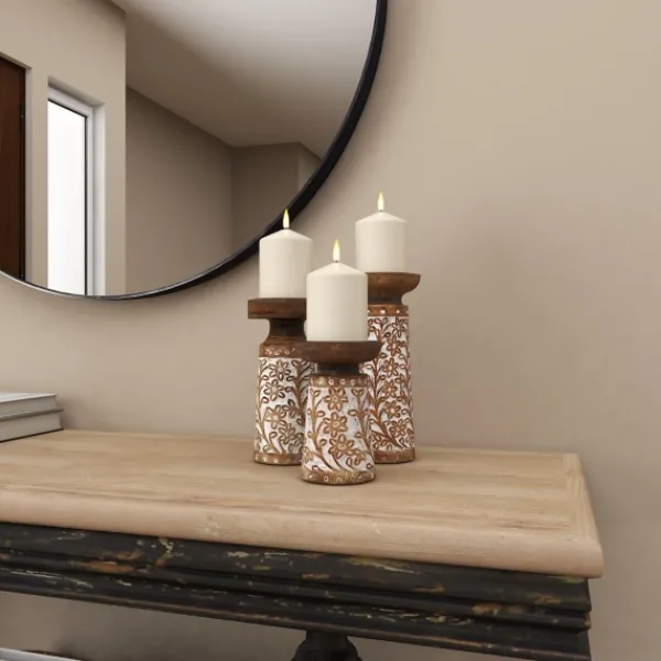 Candle Holders-Kirkland's Home Whitewash Floral Mango Candlesticks, Set Of 3 Ivory/Tan