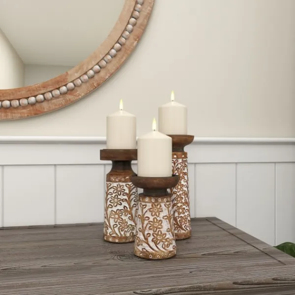 Candle Holders-Kirkland's Home Whitewash Floral Mango Candlesticks, Set Of 3 Ivory/Tan