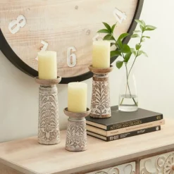 Candle Holders-Kirkland's Home Whitewashed Brown Carved Candle Holders, Set Of 3 White/Brown