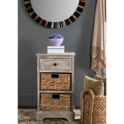 Accent & End Tables-Kirkland's Home Whitewashed Brown Wood Side Table With Baskets White/Brown